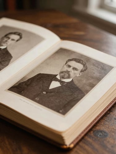 Close-up macro shot of a vintage leather-bound photo album lying open on a dark wood table, showing aged sepia portraits of ancestors, soft library lighting.