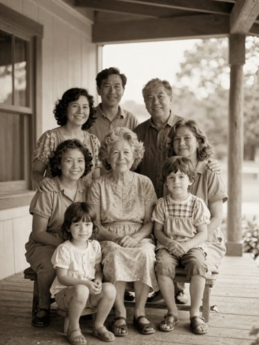 Warm archival photograph of a multi-generational family gathered on a wooden porch, soft natural window light, sepia tones, vintage film grain.