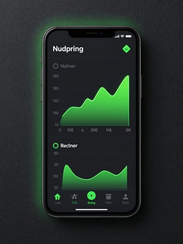 A tight, front-on high-fidelity UI screenshot rendered inside a clean, generic Android device mockup on a dark slate background, displaying a system storage interface with neon green accents and data graphs under cool, low-contrast studio lighting with subtle neon green backlighting.
