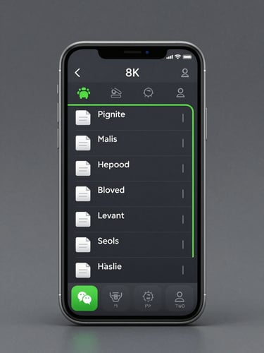 Front-on high-fidelity Android UI screenshot inside a clean slate-gray device mockup, showing a file manager interface with bright green accent lines, cool studio lighting.