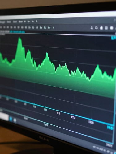 Macro close-up of a high-fidelity Android UI performance profiler showing CPU execution graphs on a dark monitor, illuminated by vibrant green and electric cyan backlight.