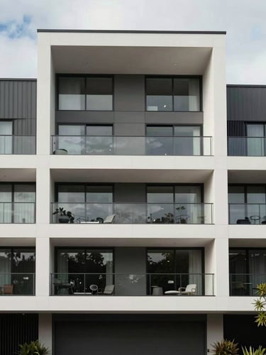 Straight-on architectural photo of a modern premium residential facade in O'Malley, clean lines, overcast Canberra daylight, soft shadows.