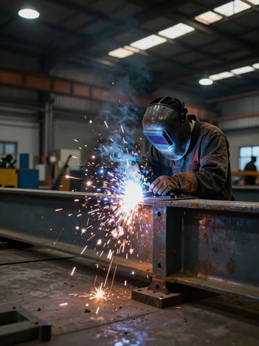 Wide environmental shot of a welder working on a large structural steel joint inside an industrial facility, overhead shop lighting, sparks falling toward concrete floor, full structure visible behind in darkness, no posed arrangement