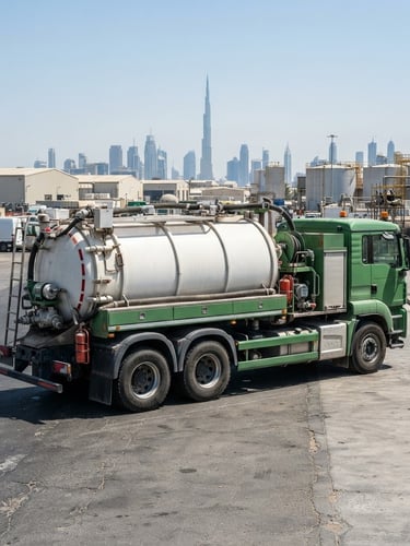 Wide-angle crisp industrial photography of a modern green and white vacuum tanker truck parked in Dubai under bright direct sunlight, sharp focus, professional equipment, 35mm