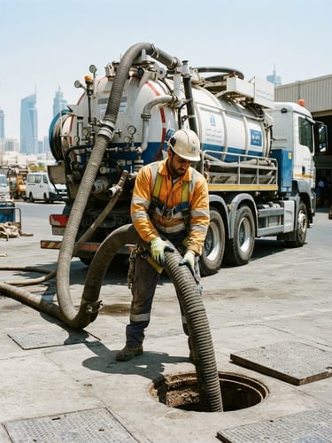 A professional technician in high-visibility gear operating a high-pressure suction hose from a modern vacuum tanker truck, bright direct Dubai sunlight, sharp industrial focus, 35mm