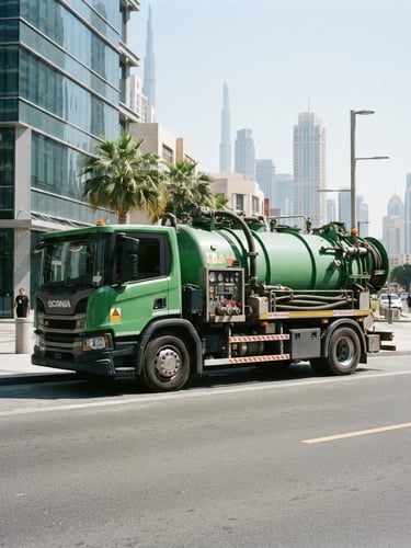 Wide environmental shot of a modern green and gray vacuum tanker truck parked on a clean Dubai street, bright direct sunlight, professional equipment, 35mm
