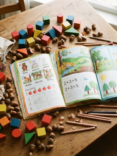Overhead flatlay of beautifully illustrated open children's workbooks, colorful wooden blocks, and acorns scattered on a warm wooden table in bright morning daylight.