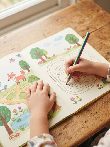 Overhead flatlay of an open illustrated children's workbook on a wooden table, hands of a child holding a thick pencil, warm natural window daylight, soft shadows
