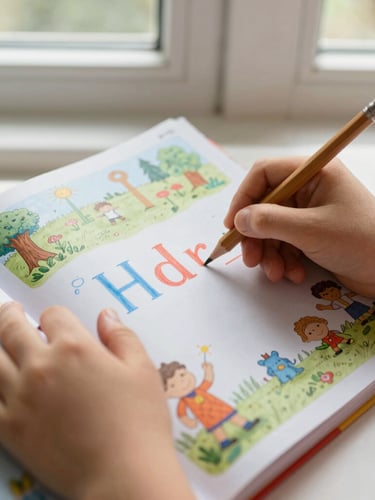 Overhead flatlay of a child's hands holding a thick wooden pencil, tracing letters in an open illustrated workbook, warm natural window light.
