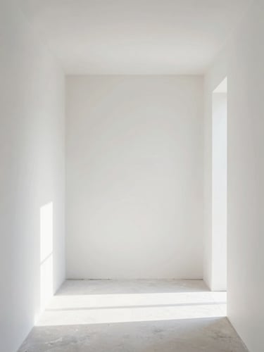 Symmetrical shot of a clean, bright room with freshly finished drywall and perfectly smooth white walls, natural daylight, 35mm architectural lens
