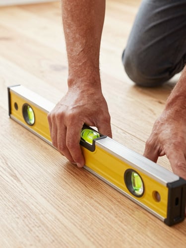 Close-up of a craftsman's hands using a level on a freshly installed hardwood floor, bright natural work light, sharp focus on the level's bubble, clean wood grain.