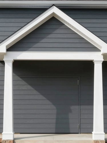 Straight-on architectural shot of a freshly painted charcoal gray home exterior, crisp white trim, bright natural Missouri daylight, clean lines