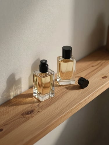 Overhead view of two glass perfume bottles resting on an undressed wooden shelf in north-facing indoor daylight, clean shadows, the bottles' caps removed and placed beside them, minimal surrounding objects, pale wall in background