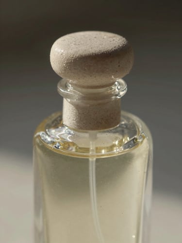 Extreme close-up of a slender glass perfume bottle, raking light from upper left revealing the dimensional quality of the stopper and neck, pale stone surface, sharp focus, no warmth