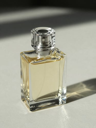 Extreme close-up of a compact square perfume bottle, directional north-facing daylight casting a clean shadow to the right, glass stopper catching light, undressed shelf surface, precise and still
