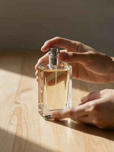 Hands carefully holding a glass perfume bottle over a bare wooden desk, raking directional light from the left revealing the bottle's dimensional form, fingertips in sharp focus, undressed surface, no warmth, no staging