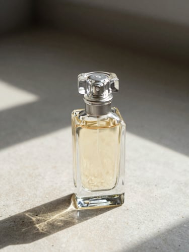 Extreme close-up of a single perfume bottle standing on a pale stone surface, raking directional light from the left casting a sharp shadow that traces the bottle's dimensional form, texture of the glass stopper in sharp focus, generous negative space above