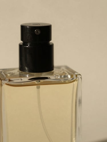 Extreme close-up of a glass perfume bottle in raking north-facing daylight, the stopper casting a sharp shadow across the bottle shoulder, fine surface texture visible, warm parchment background, no hands, no props