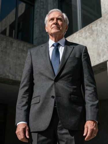Low-angle heroic portrait of a senior lawyer in a tailored charcoal suit, standing in a modern judicial building with high concrete walls, dramatic directional lighting, sharp focus, 35mm.