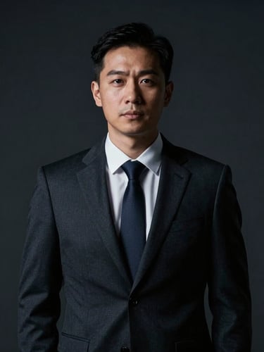 Low-key portrait of an elite defense attorney in a dark tailored suit, sharp directional lighting, deep shadows, dark charcoal background, dramatic editorial, 35mm