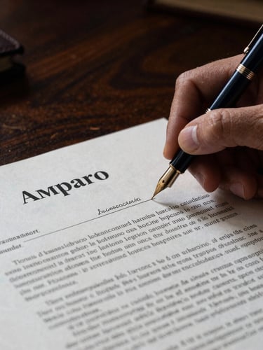 Sharp close-up of a fountain pen signing a critical constitutional Amparo document on a heavy dark oak desk, dramatic low-key lighting, platinum-gold reflections, shallow depth of field