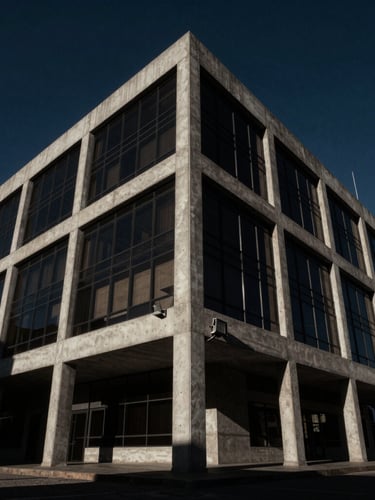 Low-angle architectural photograph of a modern, imposing concrete and glass courthouse in Guanajuato, dramatic shadows, moody lighting, 35mm