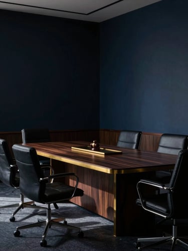 Dramatic editorial photography of a high-end law office boardroom in Guanajuato, low-key directional lighting, deep shadows, gold accents on dark wood.