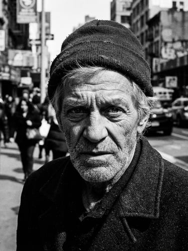 Close-up raw documentary portrait of a person in a harsh daylight urban street setting, high contrast black and white, 35mm film grain.