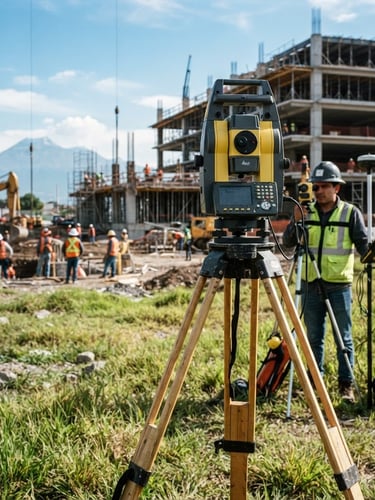 High-precision total station surveying equipment set up on a grassy field in Puebla, active construction site in the background under crisp daylight, architectural blueprint overlay, sharp focus