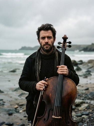 A moody film portrait of Andy Colin Chadwick holding a cello, overcast coastal daylight, desaturated seafoam background, 35mm photography.