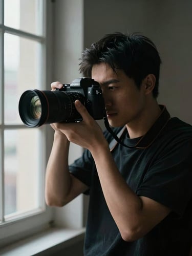 High-contrast environmental portrait of a male photographer holding a camera, dramatic window light, deep shadows, cinematic 35mm lens