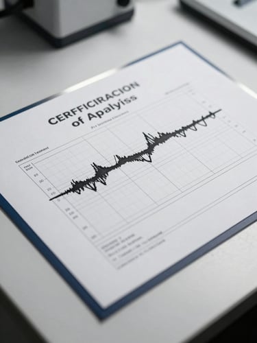 Overhead macro close-up of a printed Certificate of Analysis document laid flat on a white laboratory bench, an HPLC chromatogram graph visible in sharp focus, studio strobe lighting with hard shadows, high contrast monochrome with a single steel-blue accent line on the document border