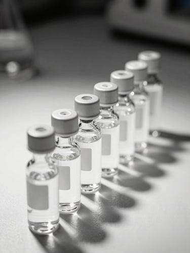 Macro overhead close-up of a row of glass reagent vials and analytical pipettes arranged on a white laboratory surface, studio strobe lighting casting sharp defined shadows, high-contrast monochrome tone, no human subjects