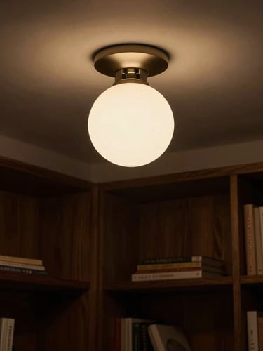 A single globe flush mount ceiling lamp illuminating a cozy reading nook, casting a soft, warm glow on a dark oak bookshelf, low-key side lighting.