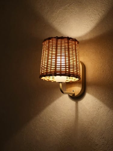Moody editorial close-up of a curved tube wall sconce with a hand-woven rattan shade, warm low-key side lighting casting dramatic geometric shadows on a textured plaster wall, 50mm lens, shallow depth of field