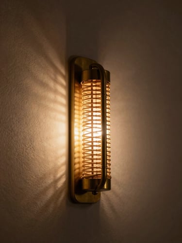 Moody editorial photograph of a curved tube wall light fixture mounted on a warm plaster wall. Low-key side lighting casts dramatic woven shadow play across the surface. Close-up detail showing the honest intersection of unlacquered brass and hand-woven rattan, 50mm lens, shallow depth of field.