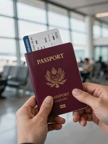 Close-up of a traveler holding a passport with a boarding pass inside a clean airport terminal, soft morning light coming through high windows