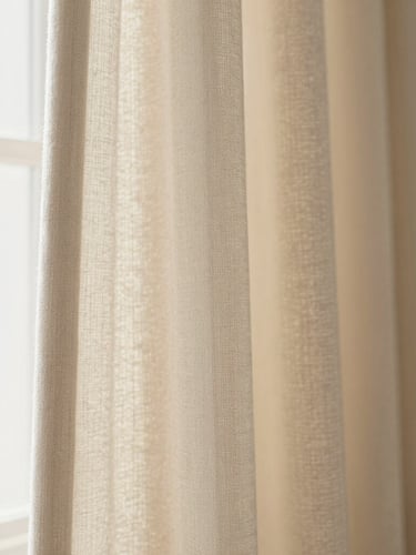 Close-up of light-filtering rod pocket curtains hanging in morning window light, soft shadow, warm cream and oatmeal tones, shallow depth of field, 35mm