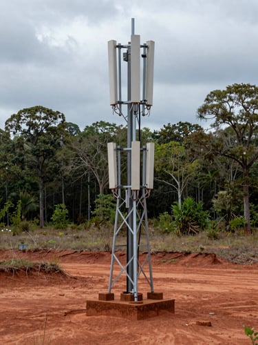 Close environmental shot of a lattice macro cell tower base anchored in red clay soil, southeastern US landscape, antenna arrays visible at mid-height, overcast natural daylight, no people, wide framing showing surrounding tree line and open sky