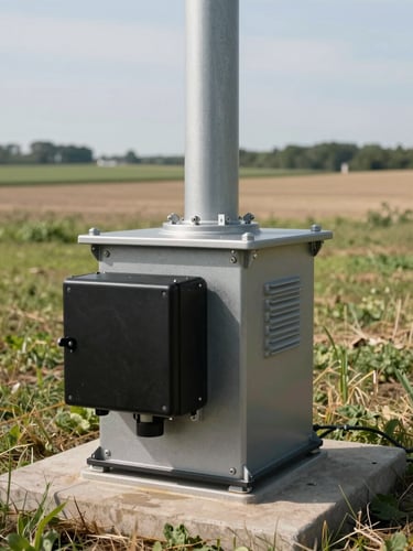 Close-up of ground-level tower base and equipment enclosure on a rural Midwest property, natural daylight, flat light conditions, surrounding agricultural land visible, no people, precise technical detail