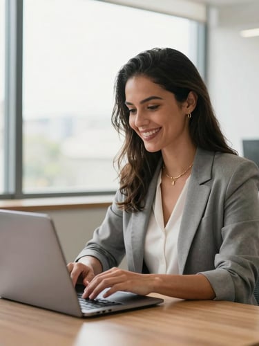 Medium shot of a Brazilian female entrepreneur smiling, working on a laptop in a bright, modern office with natural daylight coming from a large window.