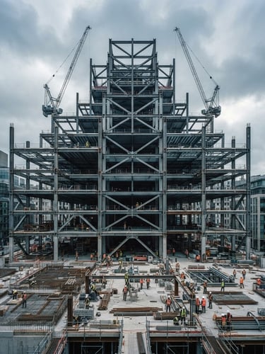 Symmetrical wide-angle perspective of an active, clean corporate construction site, steel framing against an overcast morning sky, desaturated cool tones, sober architectural style, 35mm