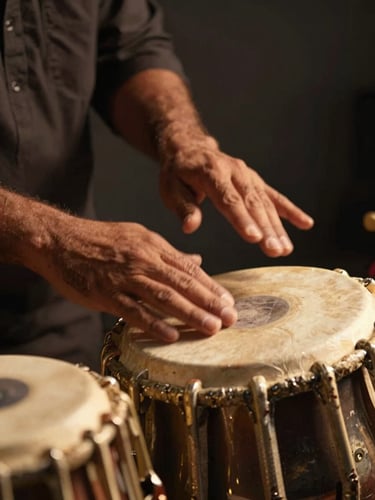 Extreme close-up of tabla player's hands mid-stroke, right palm heel striking the bayan skin, warm golden studio side-light illuminating the knuckle detail and drum rim, dark charcoal background, shallow depth of field, no face visible