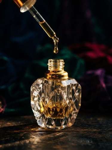 Dramatic chiaroscuro macro photograph of a heavy hand-cut crystal bottle of attar, thick golden oil dripping from a glass pipette, warm side-lighting, deep shadows, rich jewel-toned background.