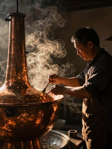 A master craftsman tending to traditional large copper deg-bhap distillation vessels in a dim, atmospheric workshop, warm golden steam rising, deep shadows