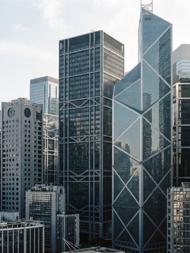 Sharp architectural crop of Hong Kong's financial district on the right, towering skyscrapers, bright natural daylight, cool slate and navy tones, 35mm.
