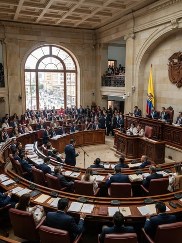 Wide shot of Colombian Congress in session, natural daylight, serious atmosphere, focus on the legislative chamber, editorial photojournalism style.