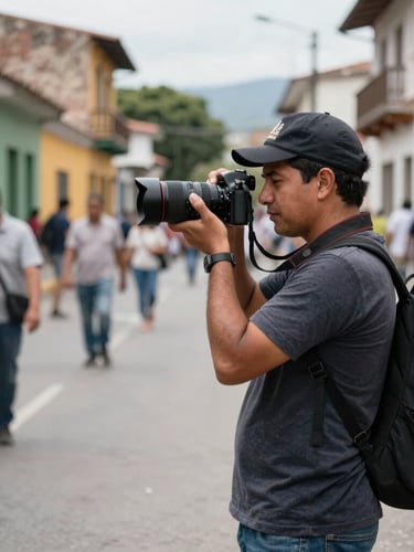 A professional photojournalist holding a camera, standing in a busy street in Bucaramanga, natural daylight, realistic color tones, sharp focus, 35mm lens, clean documentary style