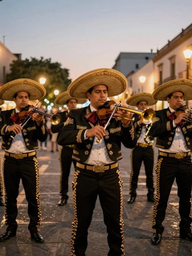 Medium-wide dynamic shot of the full mariachi ensemble standing in Plaza Garibaldi at dusk, wearing immaculate black charro suits with intricate gold embroidery, holding violins and trumpets, warm festive streetlights reflecting off polished instruments, 35mm photography