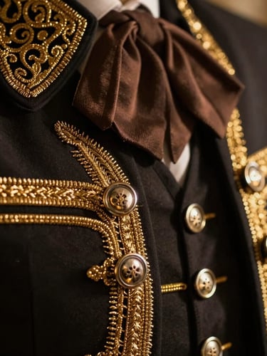 Extreme close-up macro shot of gold metallic embroidery on a black charro suit jacket, warm dramatic lighting highlighting the intricate threads, shallow depth of field, sharp focus on the texture of the fabric and shiny silver buttons, 35mm